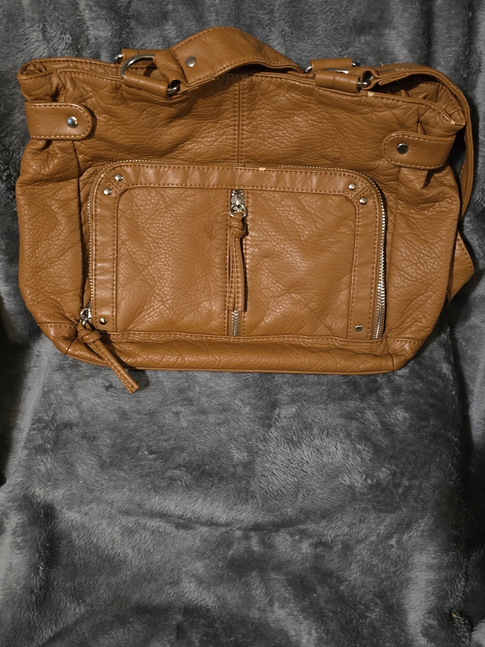 Bueno Tan Leather-Look Shoulder Bag with Front Zip Pocket